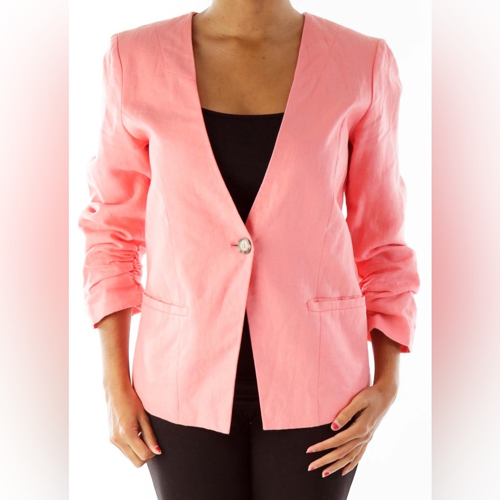 Gibson Coral Pink Ruched 3/4 Sleeved Linen Lined Blazer sz: XS